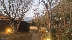 Un sentiero stretto, delimitato da alberi e da una struttura in legno illuminata, che conduce a una vista lontana delle montagne.