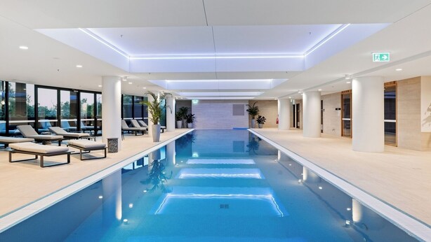 A modern indoor swimming pool with lounge chairs and potted plants.