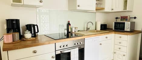 Frigorífico, microondas, horno y placa de cocina