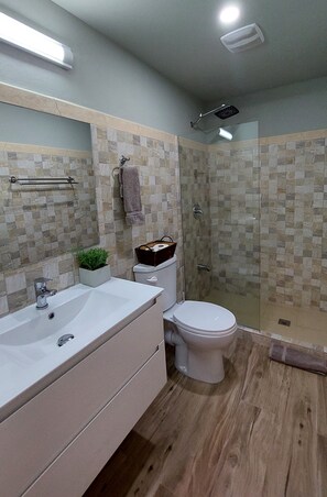 Shower, towels, soap, toilet paper