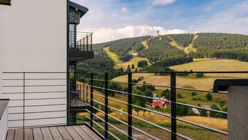 Uma varanda com vista para uma paisagem montanhosa, um deck de madeira e um corrimão de metal.
