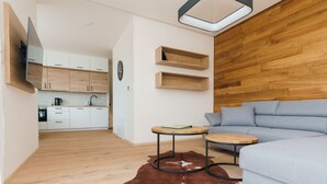 A modern living room with a light blue sofa, two wooden side tables, a brown leather rug, and a wooden accent wall. - Bella Vista by Interhome (Loucna pod Klínovcem)