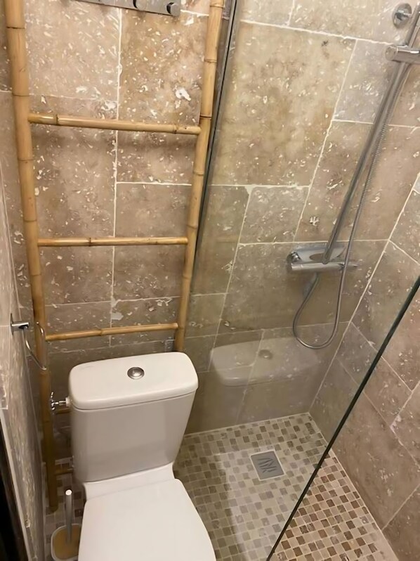 Dusche, Haartrockner, Handtücher, Seife