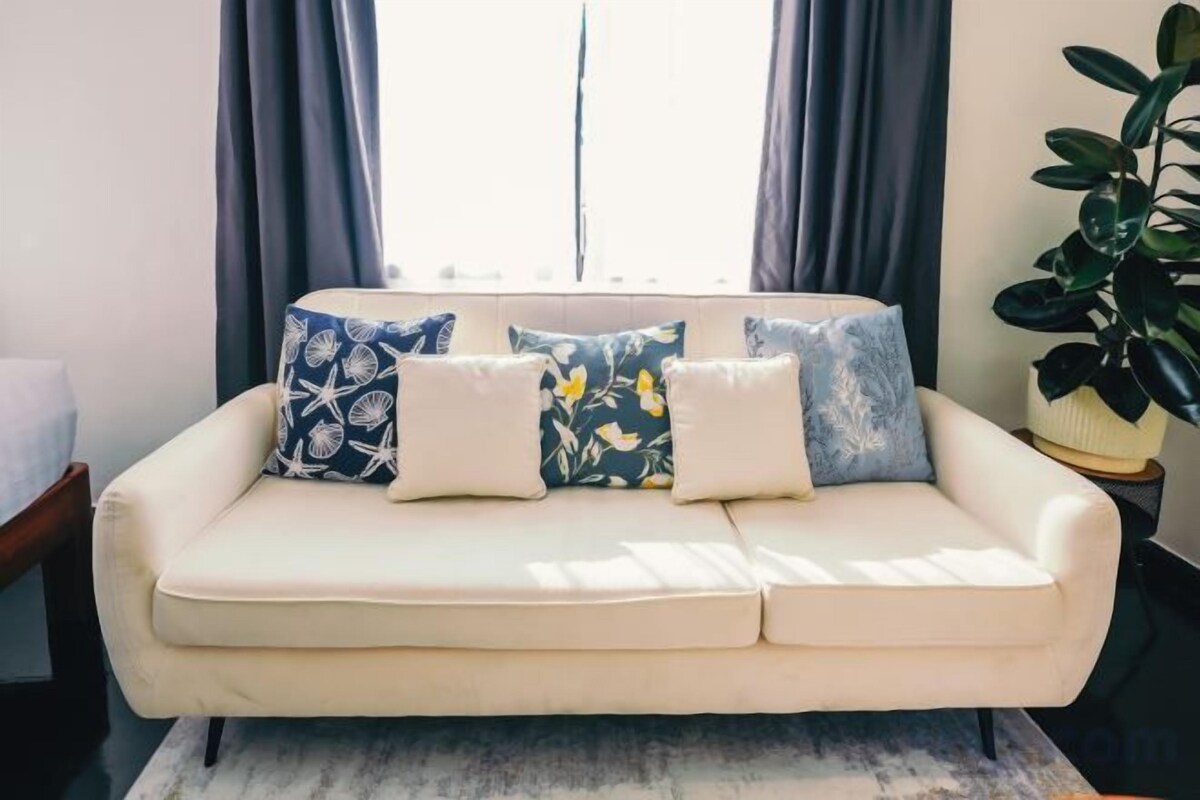 A cream-colored sofa with patterned cushions, a potted plant, and a window with curtains.