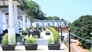 Un hotel con terraza al aire libre, plantas en macetas y un camino que lleva a la entrada.