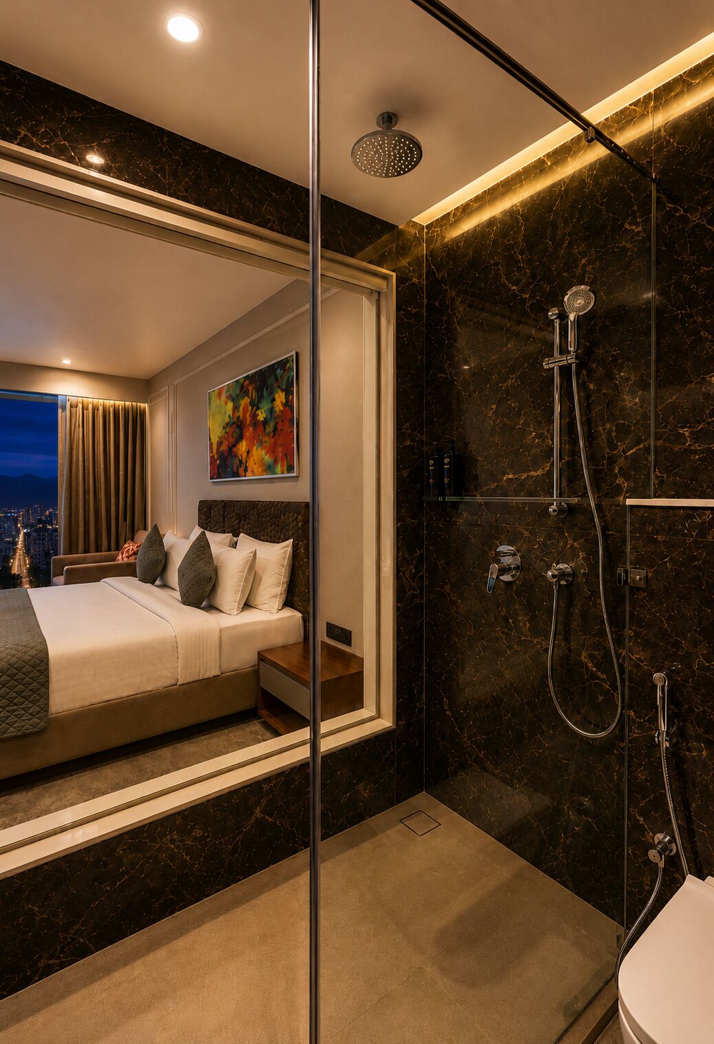 A modern bedroom with a large bed, a shower, and a bathroom.