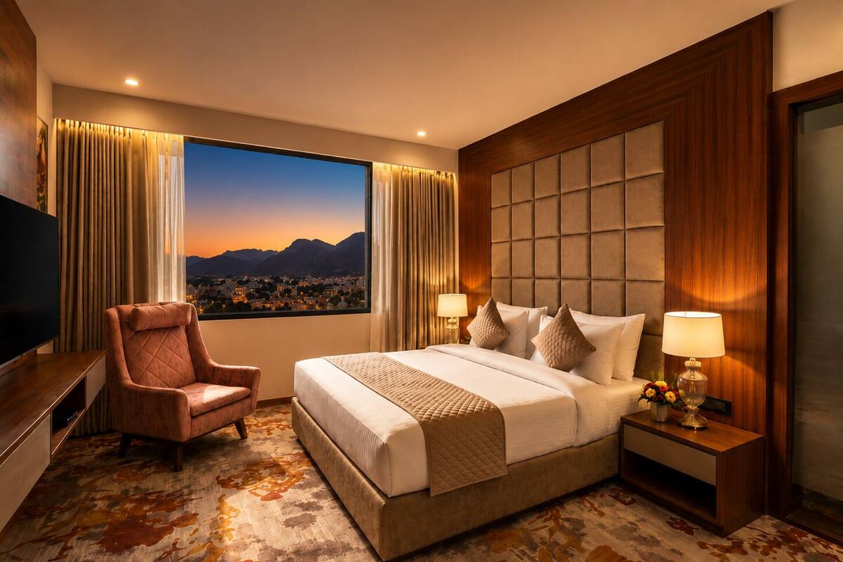 A hotel room with a large bed, a chair, a TV, and a view of a cityscape at dusk.
