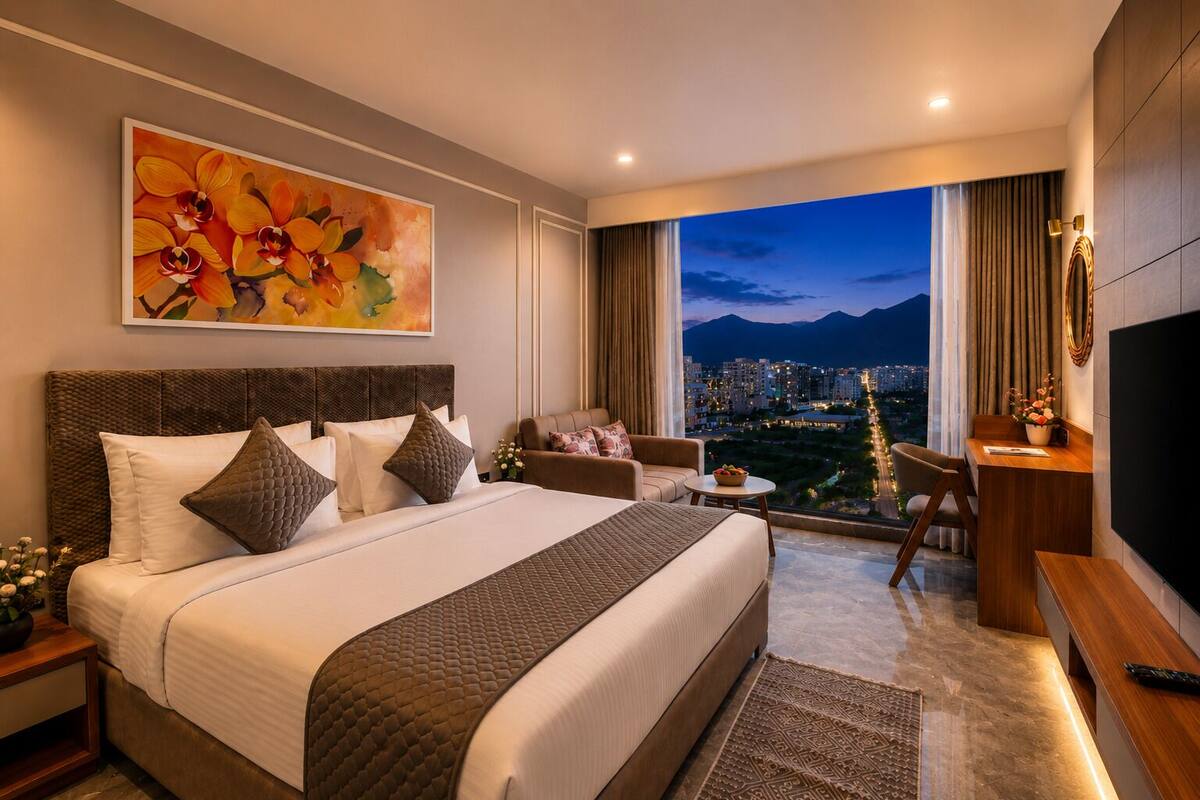 A hotel room with a large bed, a desk, a TV, and a view of a cityscape at dusk.