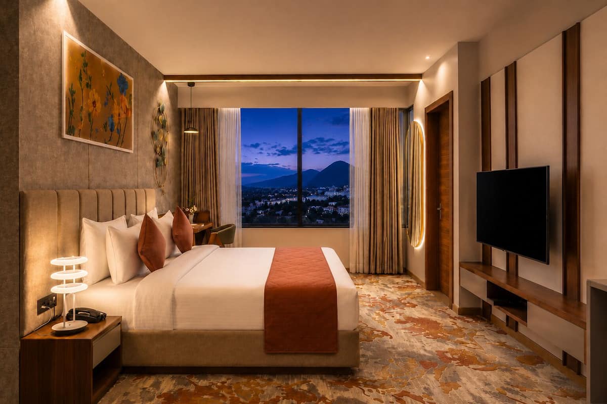 A hotel room with a large bed, a TV, a desk, and a view of a cityscape at dusk.