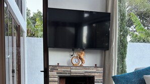 A modern living room with a fireplace, a mounted TV, and a sofa with a blue pillow.