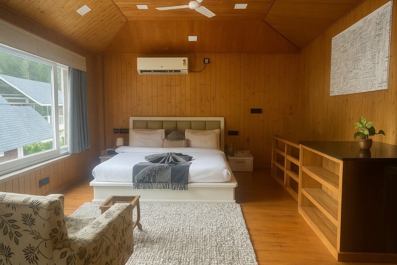 Une chambre à coucher comprenant un lit, des tables de chevet, un ventilateur de plafond, un appareil de climatisation, une fenêtre et un bureau en bois agrémenté d’une plante.