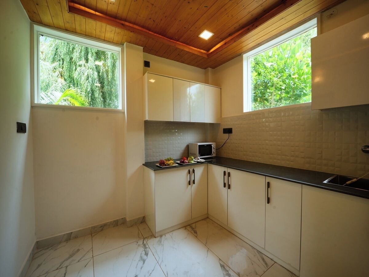 A kitchen with white cabinets, a black countertop, a microwave, and two windows with greenery outside.