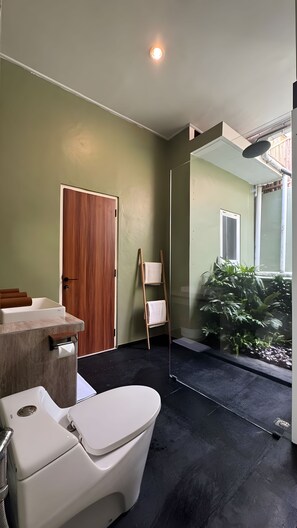 Shower, hair dryer, towels, toilet paper