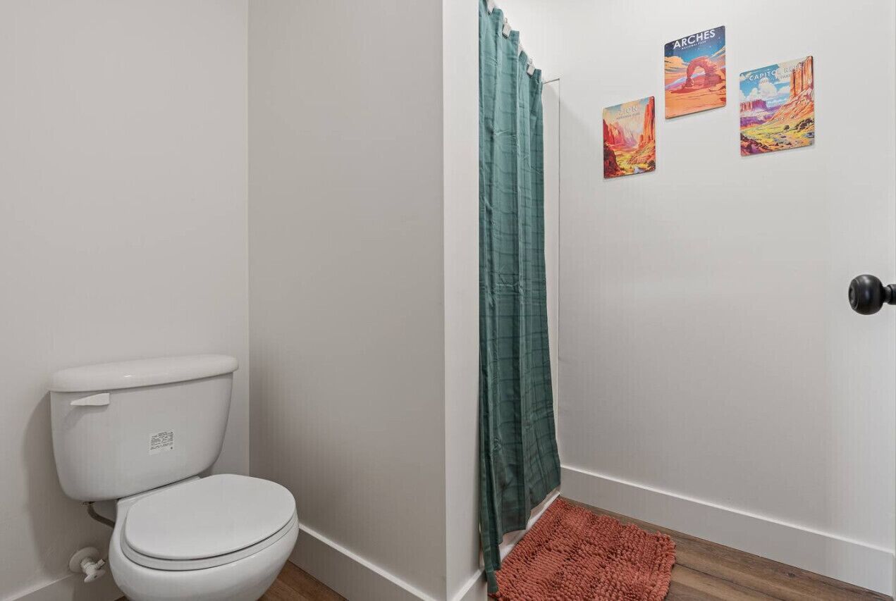 Een badkamer met een toilet, een douchegordijn en drie ingelijste foto’s aan de muur.