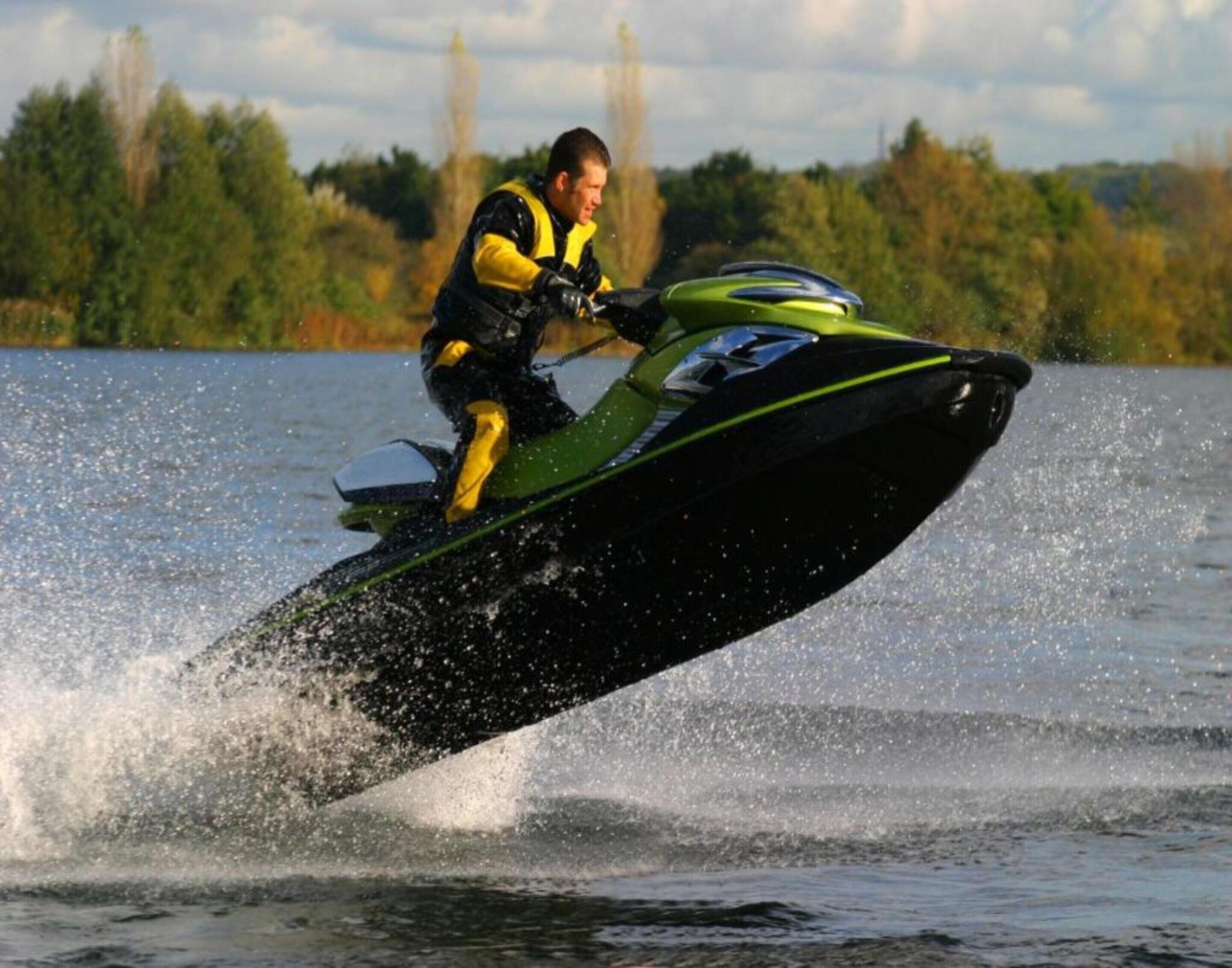 A person riding a jet ski on water.