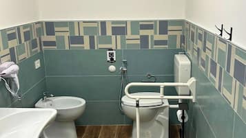 Hair dryer, towels, soap, toilet paper