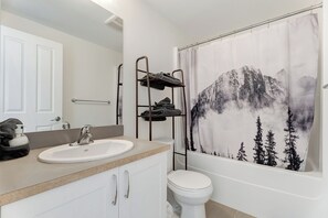 Hair dryer, towels, soap, toilet paper