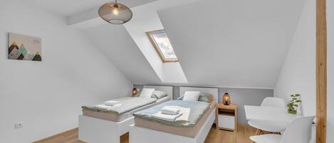 A modern loft bedroom with a skylight, two beds, a desk, and a chair.