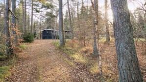A forested area with a dirt path leading to a small building with a metal roof. - 4 Person Holiday Home in Frederiksvaerk (Frederiksvaerk)