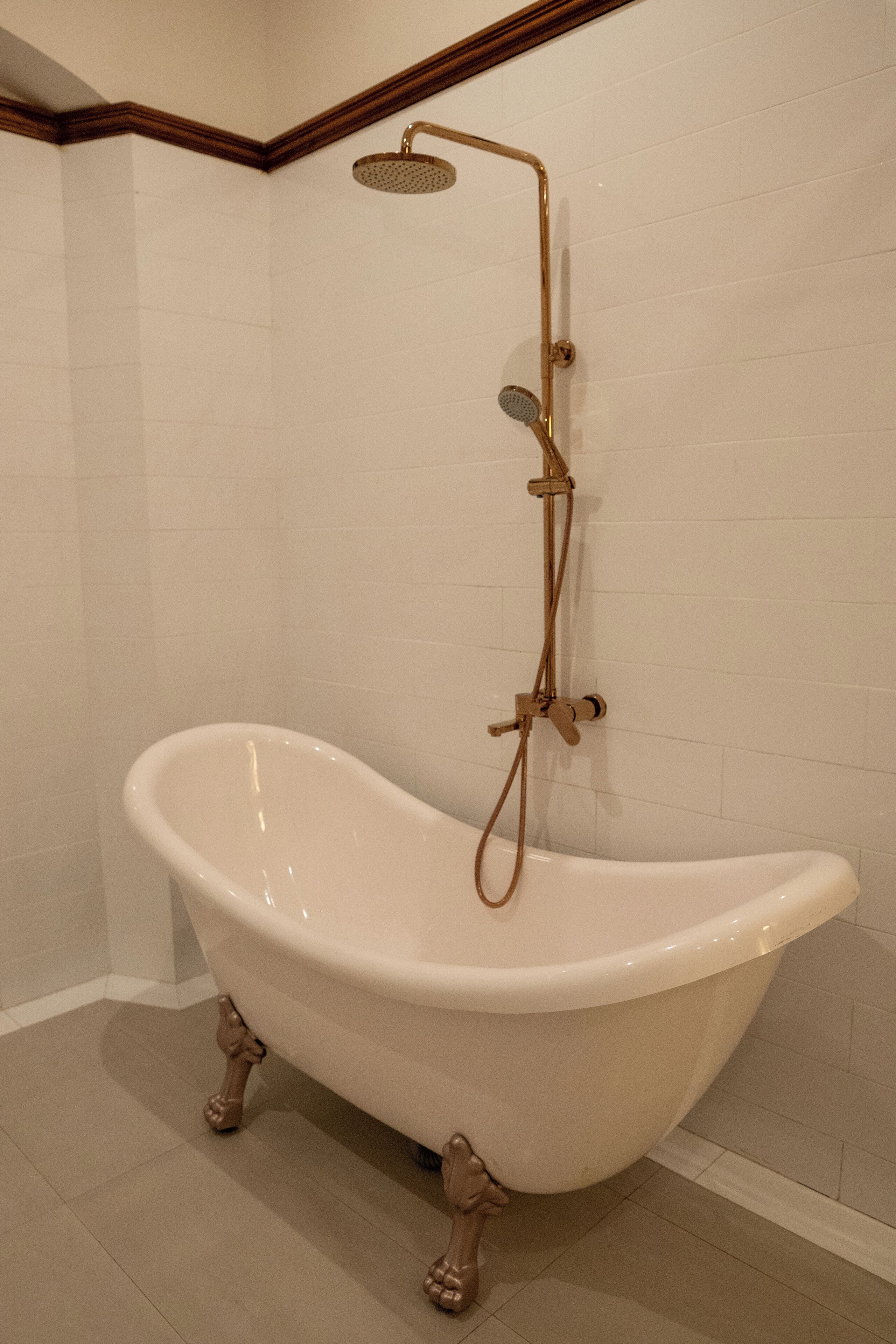Una bañera tipo pata de león con cabezal y manguera de ducha.