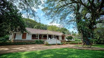 A traditional house with a porch, surrounded by lush greenery and a clear sky.