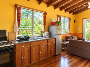 A compact kitchen with wooden cabinets, a gas stove, and a refrigerator.