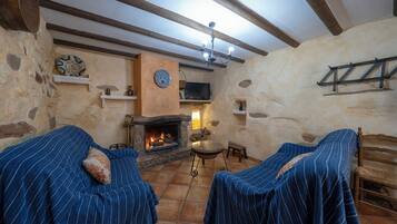 Télévision, cheminée, livres