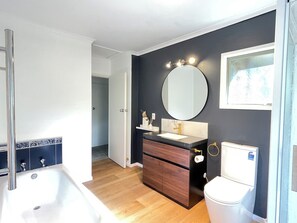 Shower, hair dryer, towels, soap