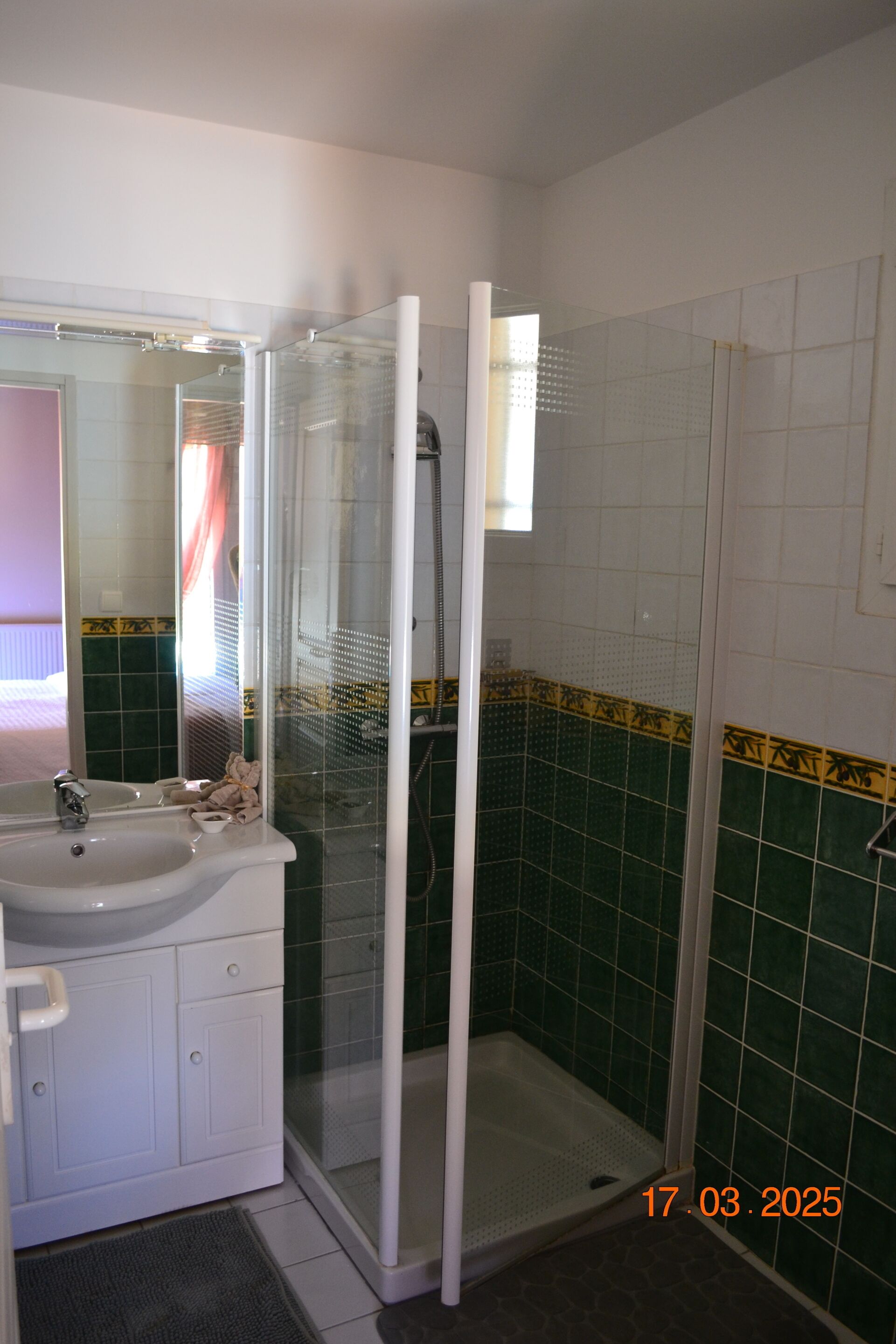 Un baño con ducha de vidrio, lavamanos y espejo.