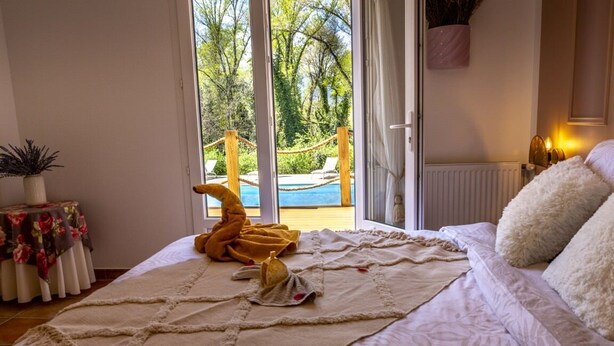 A bedroom with a bed, a view of a pool, and a potted plant. - Douceur Des Mées (Les Mees)