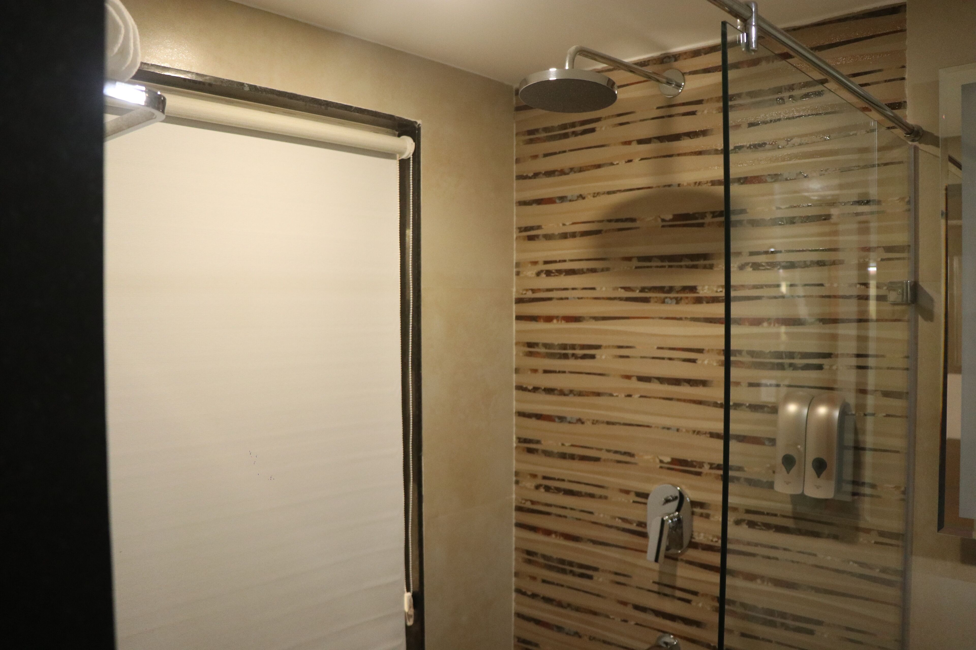 A modern bathroom with a glass shower enclosure, a towel rack, and a toilet paper dispenser.