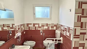 Hair dryer, towels, soap, toilet paper