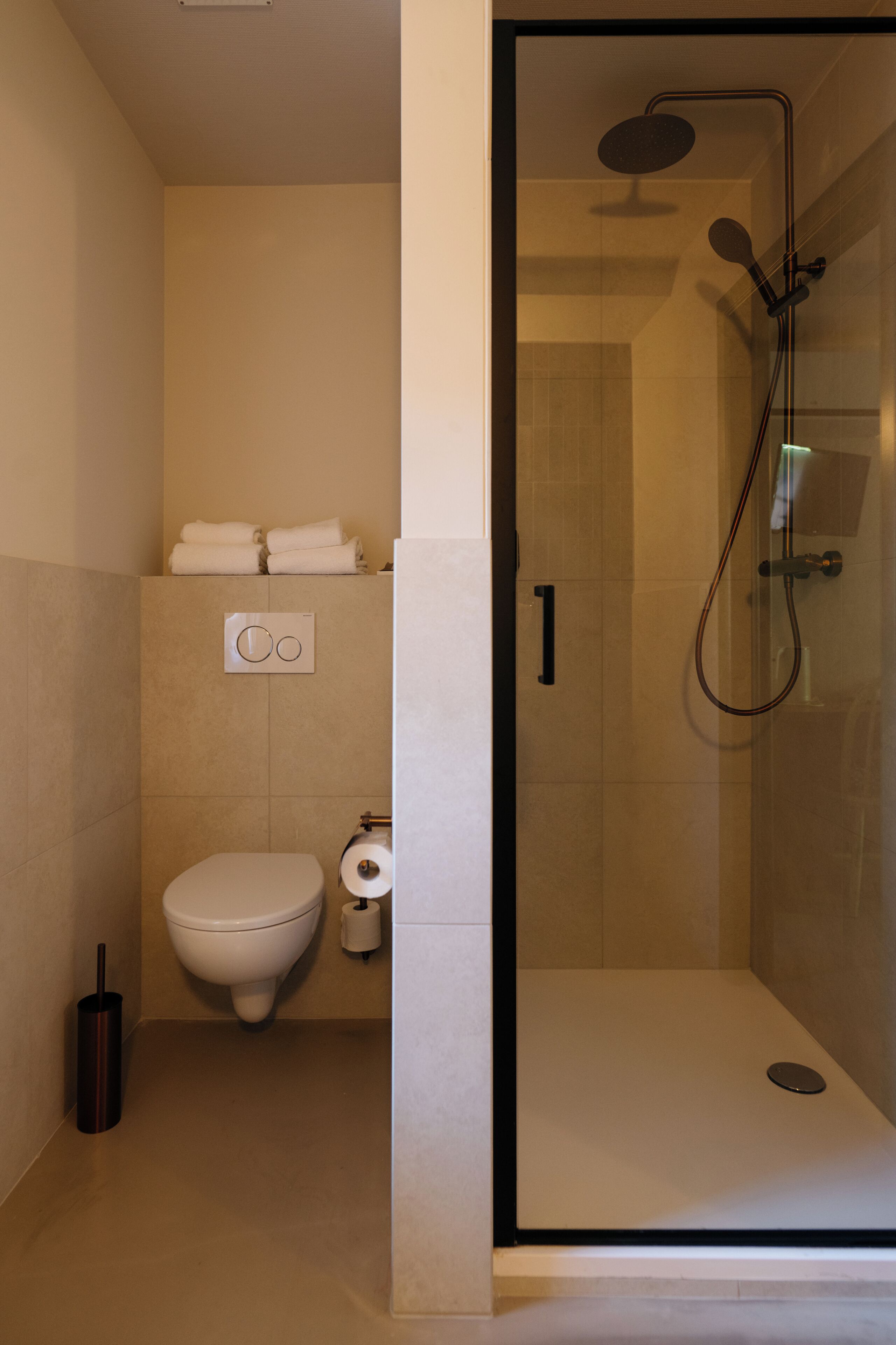 A modern bathroom with a toilet, a shower, and a glass-enclosed shower stall.