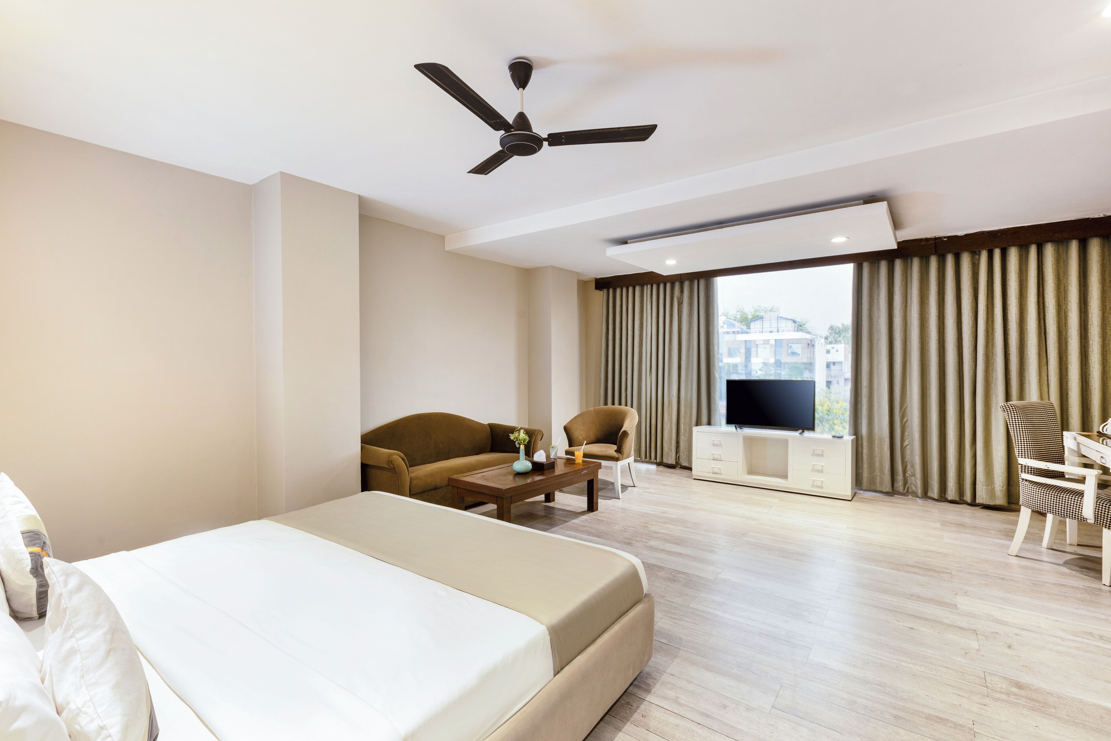 A hotel room with a bed, a sofa, a TV, a desk, and a ceiling fan.