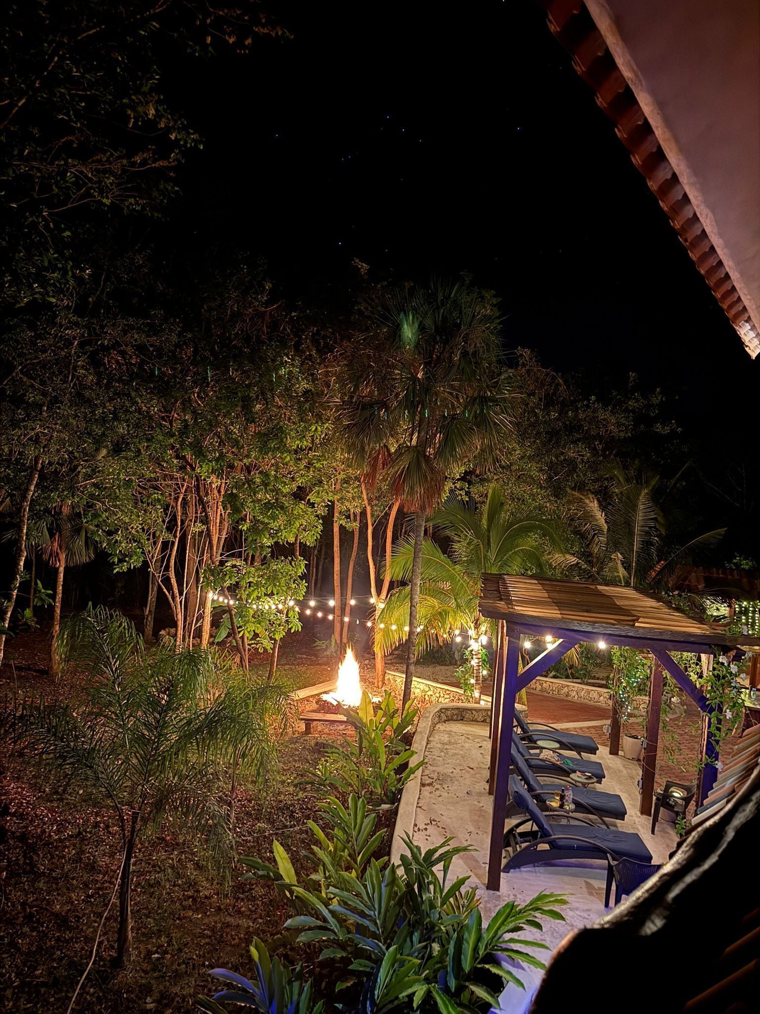 An outdoor seating area with a fire pit, surrounded by lush greenery and a wooden pergola.