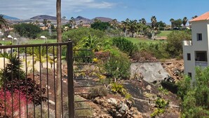 A palm tree, a rocky garden, and a white building with a red roof. - Casa Palmu apartment - A peaceful and relaxing oasis in Golf del Sur, Tenerife (Golf del Sur)