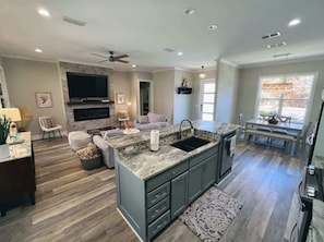 TV, fireplace, books