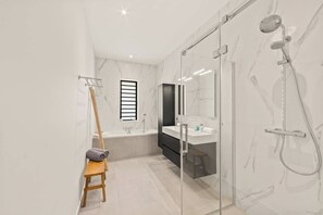 Shower, hair dryer, towels
