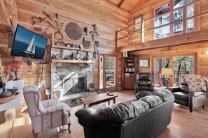 TV, fireplace, books