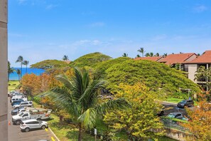 A parking lot with several cars and a truck, surrounded by lush greenery and palm trees. - Renovated Studio Ka’anapali Shores | Pools, AC, Beach Access (lahaina)