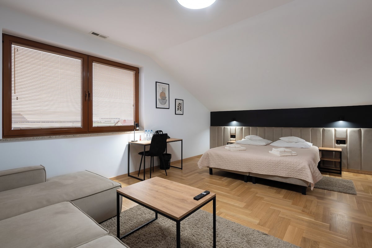 Un dormitorio moderno con una cama grande, un escritorio y un sofá.