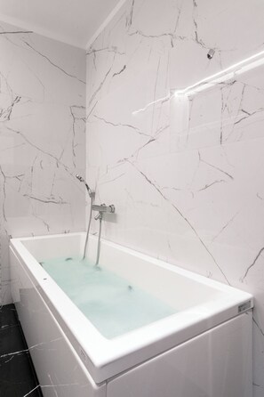Shower, jetted tub, hair dryer, bidet
