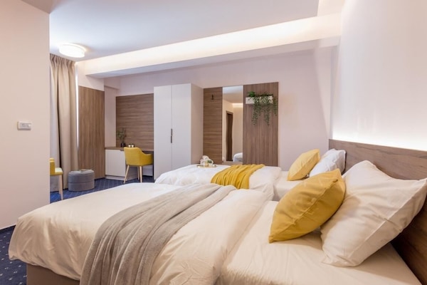 Minibar, desk, laptop workspace, soundproofing