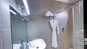 Shower, hydromassage showerhead, hair dryer, bathrobes