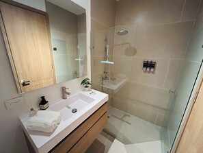 Shower, hair dryer, towels, soap