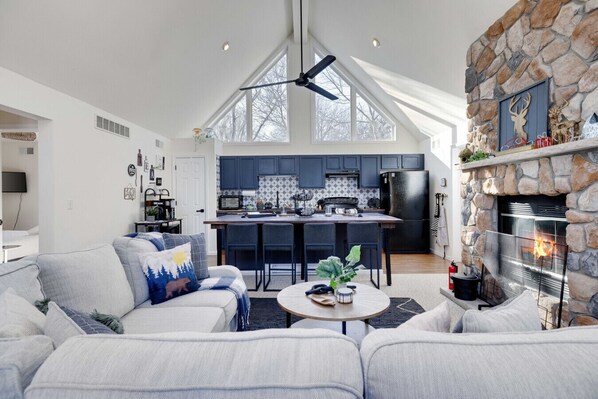 Smart TV, fireplace, foosball, books