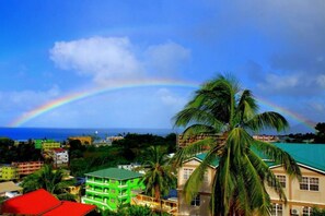 Un immeuble à plusieurs étages, doté d’un toit végétalisé, entouré de palmiers et d’autres bâtiments, offrant une vue sur l’océan et un arc-en-ciel en arrière-plan.