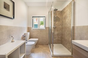 Shower, hair dryer, bidet, towels