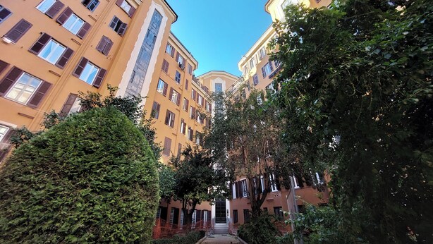 Un patio central con un camino principal bordeado por edificios de varios pisos con balcones y ventanas.