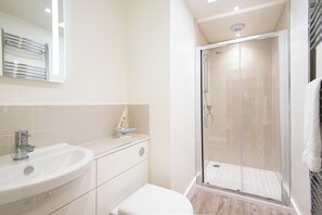 A bathroom with a white sink, a toilet, and a glass-enclosed shower. - Wild Chive Lodge, Brada Quarry (Bamburgh)